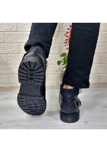 M.P 4201 Siyah Hakiki Deri Bağacaklı Fermuarlı Fuspetli Erkek Bot 001