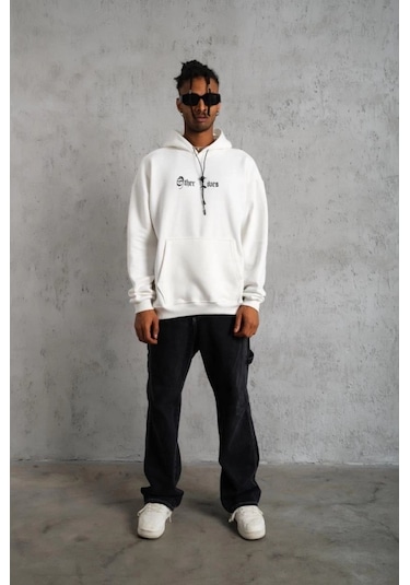 Defymoda Oversize Üç İplik Şardonlu Kapüşonlu Sweatshirt Beyaz Other Lives Ön Ve Arka Baskılı, Kanguru Ce Beyaz