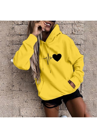 Sarı Fo Kadın Moda Rahat Eğlenceli Baskı Kapşonlu Kazak Gevşek Spor Üstleri Kazak Sarı