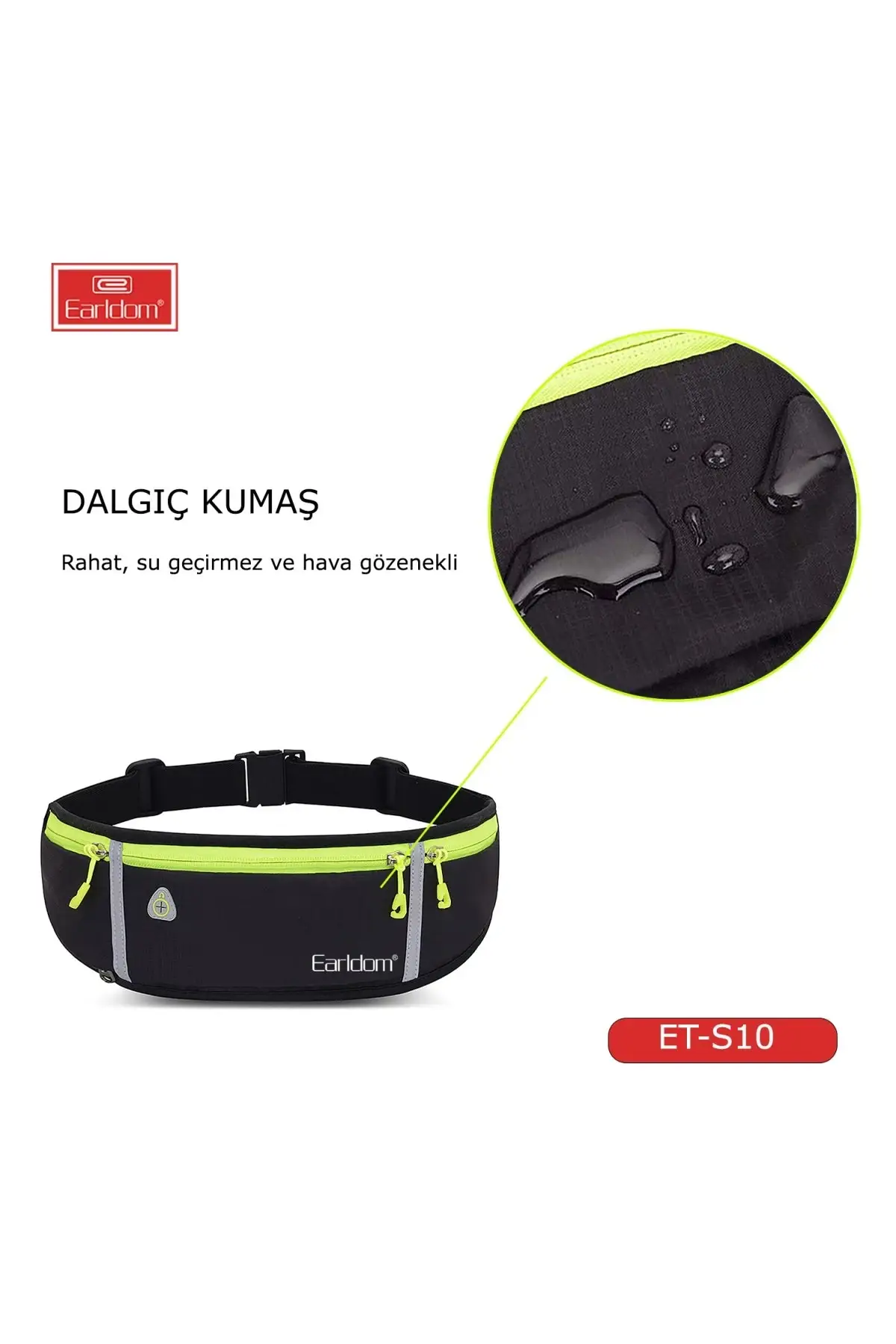 Earldom S10 Su Geçirmez Fosforlu Spor Bel Çantası - Siyah Siyah - Yeşil