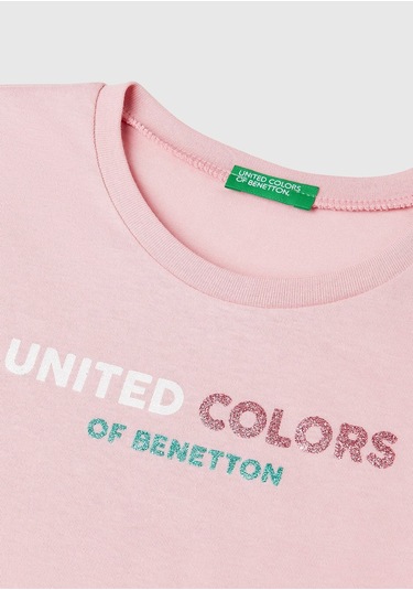 Kız Çocuk Pembe Simli Logo Baskılı T-shirt Pembe