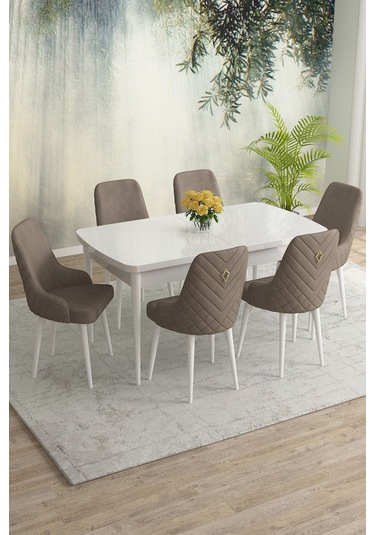 Meri Serisi Beyaz 80x132 Açılabilir Mdf Masa Yemek Odası Takımı, Mutfak Masa Takımı 6 Adet Sandalye Cappucino
