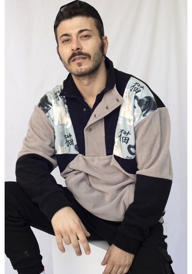 Kadın Erkek  Japon Kedi Desenli Yarım Fermuarlı Polar Sweatshirt