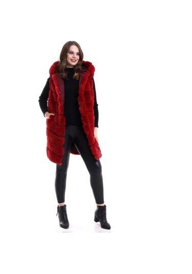 Kapşonlu Peluş Kürk Yelek Premium Kalite, Tam Astarlı, Uzun Model - Kırmızı Kırmızı