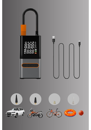 Hava Kompresörü 4000 Mah 4ın1 Şarjlı+araç Taşınabilir Araç Lastik Top Şişirme Pompası Oto Siyah