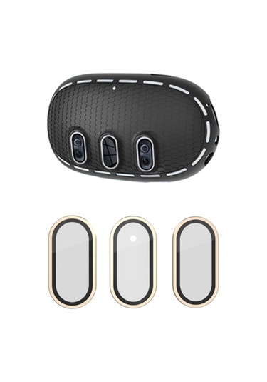 Meta Quest 3 İçin Silikon Kılıf + Titanyum Alaşımlı Temperli Cam Lens Filmi Vr Kulaklık Aksesuarları - Siyah / Altın