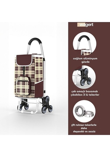 3 Tekerlekli Katlanır Desenli Alüminyum Pazar Arabası Su Geçirmez Kahverengi