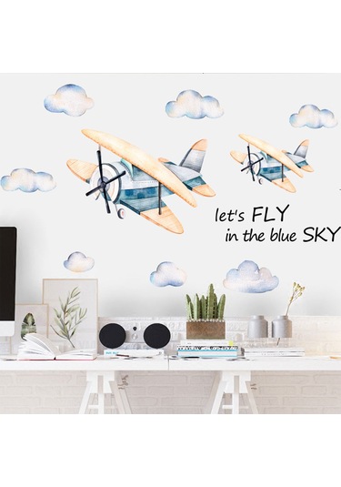 Xiyyadms Pvc Çocuk Odası Duvar Sticker - Uçak Ve Bulut Desenli, 86x140cm, Kolay Yapıştır, Dekoratif Ve Onarıcı, Multifarbe, Ev/anaschool Uygun Çok Renkli