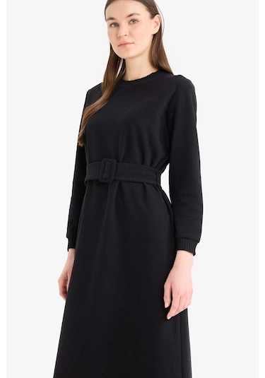 DeFacto Bisiklet Yaka Basic Düz Selanik Kumaş Midi Elbise F4154AX25SPBK81