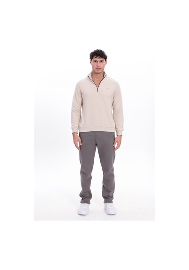 Rowinger Yarım Fermuarlı Dik Yaka Selanik Örme Erkek Sweatshirt Beıge