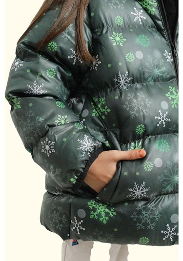 Kız Çocuk Pusula Desen Polar Su Ve Rüzgar Geçirmez Kapüşonlu Şişme Kışlık Mont Yeşil