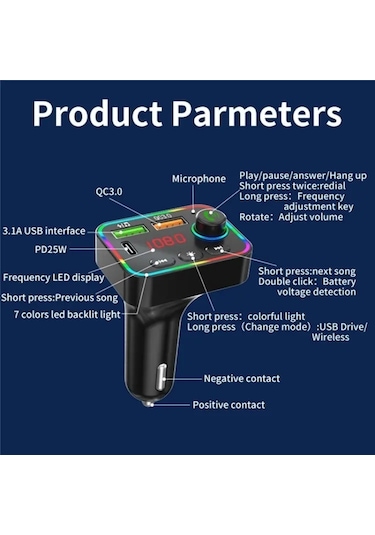 Pdf4 Pd 25w Hızlı Araç Şarj Cihazı İle Ahizesiz Aramalar Fm Verici 7 Renkli Led Işıklar Mp3 Çalar
