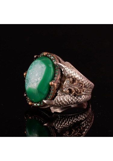 925 Ayar Gümüş Yüzük Doğal Druzy Kuvars Mavi Gümüş