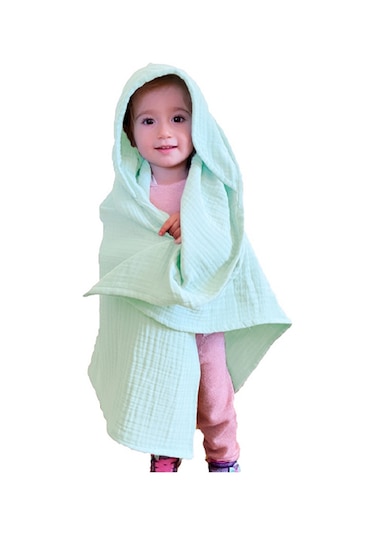 4 Katlı Müslin Kapşonlu Bebek Çocuk Banyo Havlusu Kundak Mint Yşl