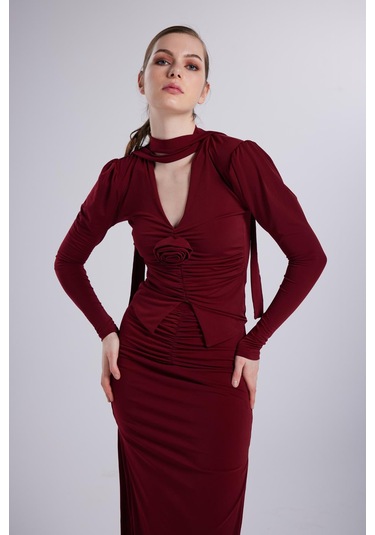Holly Lolly Çift Yırtmaçlı Maxi Serre Etek Bordo