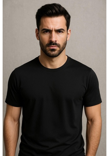 Erkek %100 Pamuk Slim Fit Sporcu Tişört Basic Bisiklet Yaka Kısa Kollu T-shirt SIYAH