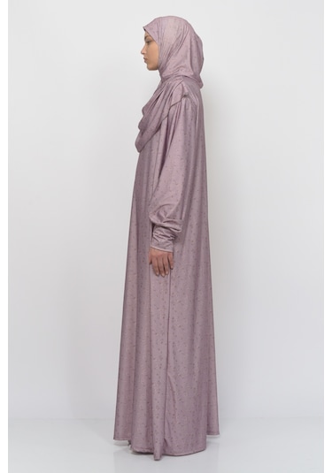 Pratik Tek Parça Çiçek Desenli Kollu Tak Çıkar Başörtülü Likralı Tesettür Namaz Elbisesi 990-0201 Bej Antrasit