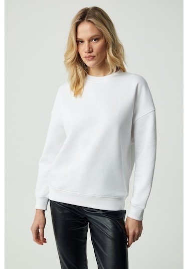 Vaneltına Kadın Içi Polarlı 3 Iplik Organik Pamuk Oversize Basic Bisiklet Yaka Beyaz Sweatshirt