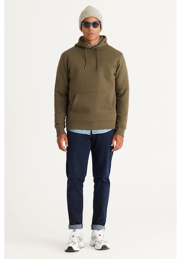 Erkek Hakı-sıyah Pamuklu Standart Fit Normal Kesim Kapüşonlu Kanguru Cepli Eşofman Takımı Hakı-sıyah