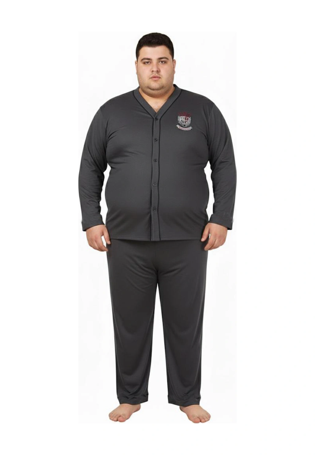 Battal Büyük Beden Önden Düğmeli Pamuklu Erkek Pijama Takımı Füme