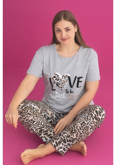 X-dreamy Büyük Beden Pamuklu Leopar Desenli Kısa Kollu Pijama Takımı Leopar