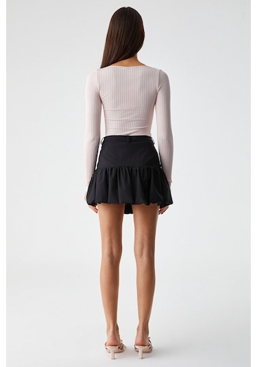 GRIMELANGE Youpes Kadın Regular Fit Fermuarlı Yüksek Bel Astarlı Kısa Siyah Etek Siyah