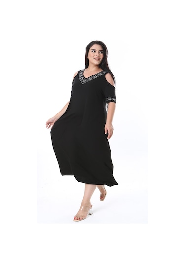 Kadın Büyük Beden Siyah Taş Detaylı Omuz Dekolteli Elbise 65n38315-siyah Siyah