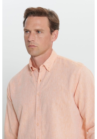AC&Co / Altınyıldız Classics Erkek Turuncu Comfort Fit Rahat Kesim Düğmeli Yaka Keten Gömlek - Turuncu