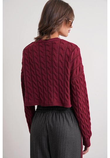 6863 Kadın Saç Örgülü Crop Triko Kazak Bordo Bordo