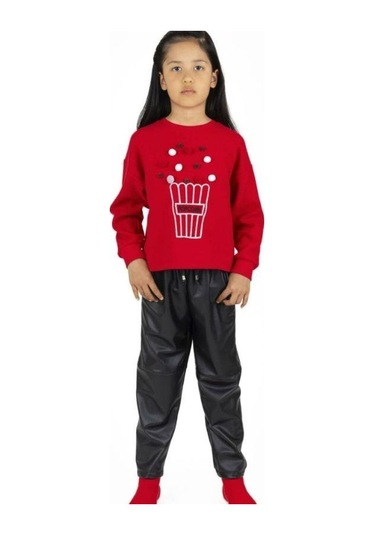 Kız Çocuk Popcorn Baskılı Sweatshirt-13493 Kırmızı