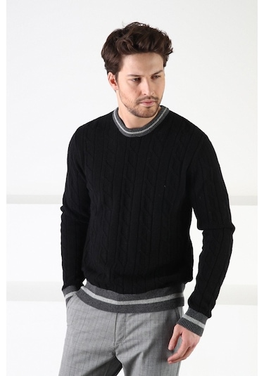 Ferraro Siyah/Füme Bisiklet Yaka %100 Kuzu Yünü Erkek Kazak Siyah Füme Füme - Siyah