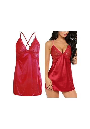 Dolıty Kadın Babydoll İç Giyim Dantel Askılı Pijama T-sırt Kırmızı L Kırmızı