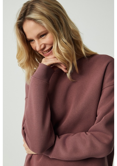 VANELTINA Kadın Organik Pamuklu Yumuşacık İçi Polarlı Yuvarlak yakalı Mürdüm Sweatshirt