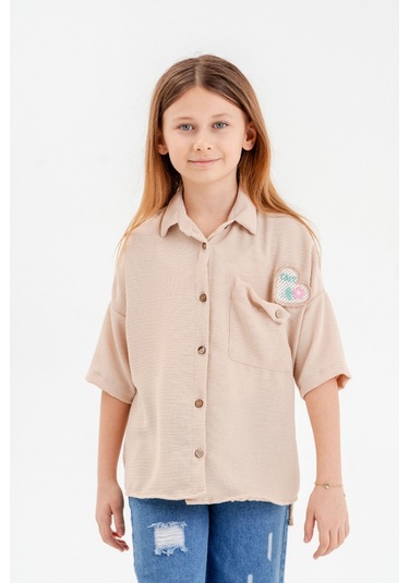 Kız Çocuk Cep Detaylı Gömlek 3120 Bej
