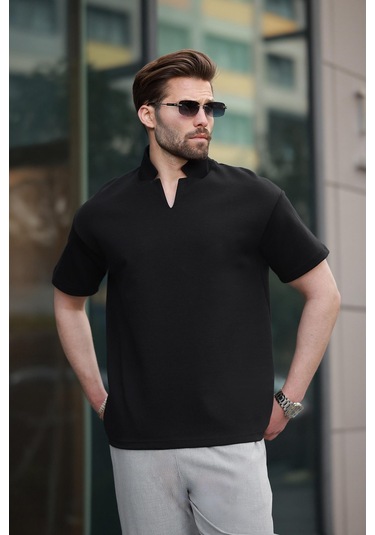 Madmext Siyah Polo Yaka Erkek Basic T-shirt E7145 Siyah
