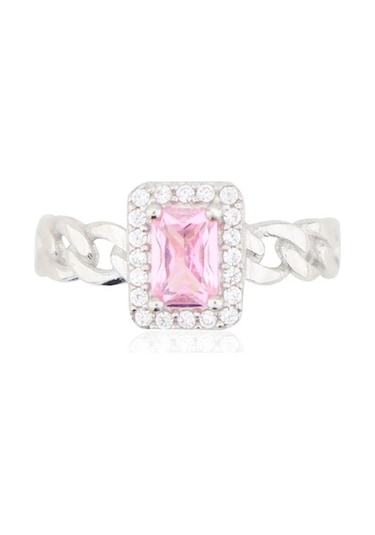 925 Ayar Gümüş Pembe Taşlı Baget Takı Seti Zincir Detay