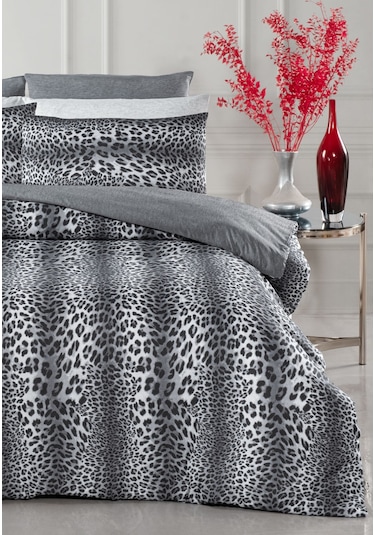 Lastikli Çarşaflı Çift Kişilik Nevresim Takımı Leopar Füme - Gri