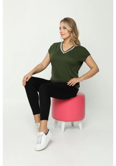 Yakası Taş Baskılı Bluz Haki Yeşil Haki