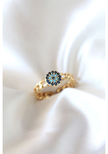 Zirkon Taşlı Nazarlı Altın Kaplama Kadın Yüzük Çok Renkli