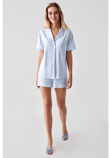 Freshness 324 Kadın 4'lü Sabahlıklı Şorlu Pijama Takımı Mavi