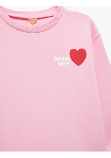 Koton Uzun Kollu Bisiklet Yaka Kalp Baskılı Pamuklu Sweatshirt Pembe 6wmg10103ak Gül