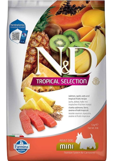 N&D Tropical Selection Düşük Tahıllı Somonlu Tropikal Meyveli Küçük Irk Yetişkin Köpek Maması 5 KG