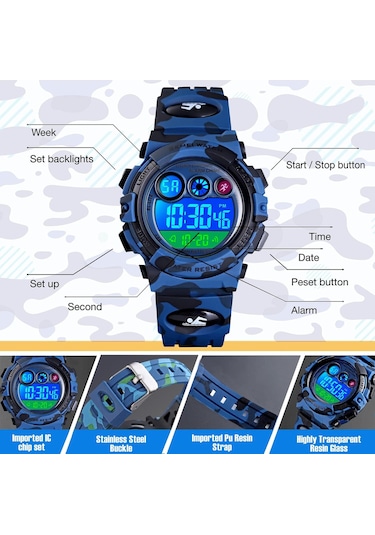 Çocuklar İçin Dijital Spor Saati Erkek Kız Çocuk Su Geçirmez Elektronik Çok Fonksiyonlu Günlük Açık Hava Saatleri 7 Renkli Led Işıklı Alarm D Diğer