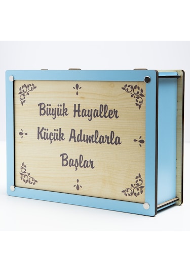 Deepcraft Parabox Hedef Kumbarası Mavi Krem Rengi Ahşap Kilitli