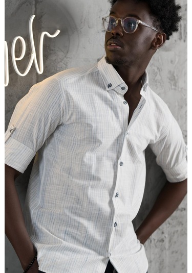 Advante İnce Çizgili Yaka Düğmeli Katlamalı Kol Pamuklu Slimfit Yazlık Keten Gömlek Mavi