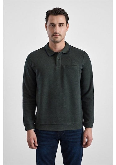 Süvari Haki Regular Düz Fermuarlı Polo Yaka Sweatshirt Sw2013700011-yh1