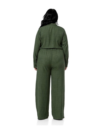 Büyük Beden Beli Tünelli Ve Arkadan Lastikli Geniş Paça Haki Tulum Haki