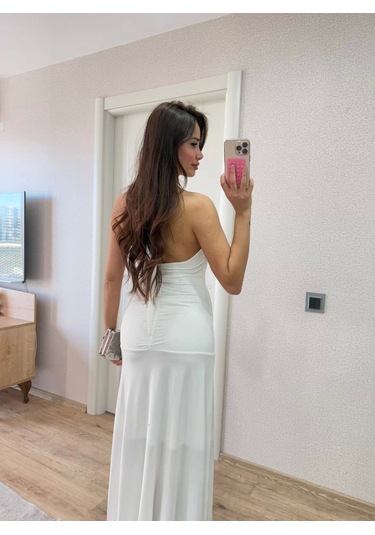 Sırt Dekolteli Uzun Elbise - Beyaz Beyaz