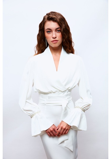 Sateen Kol Aksesuar Detaylı Bluz - Ekru-133704 Ekru