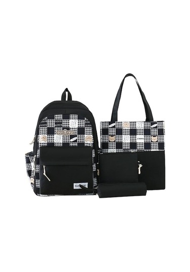 Novahub Dört Parçalı Sırt Çantası Seti Çizgi Film Renk Bloğu Kadın Sırt Çantası Ortaokul Öğrenci Okul Çantası Siyah Siyah